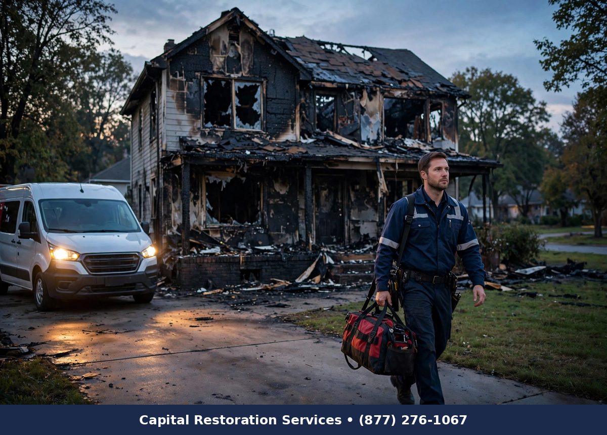 Technician arriving at a fire-damaged home at dusk with emergency equipment - Capital Restoration Services fire damage restoration