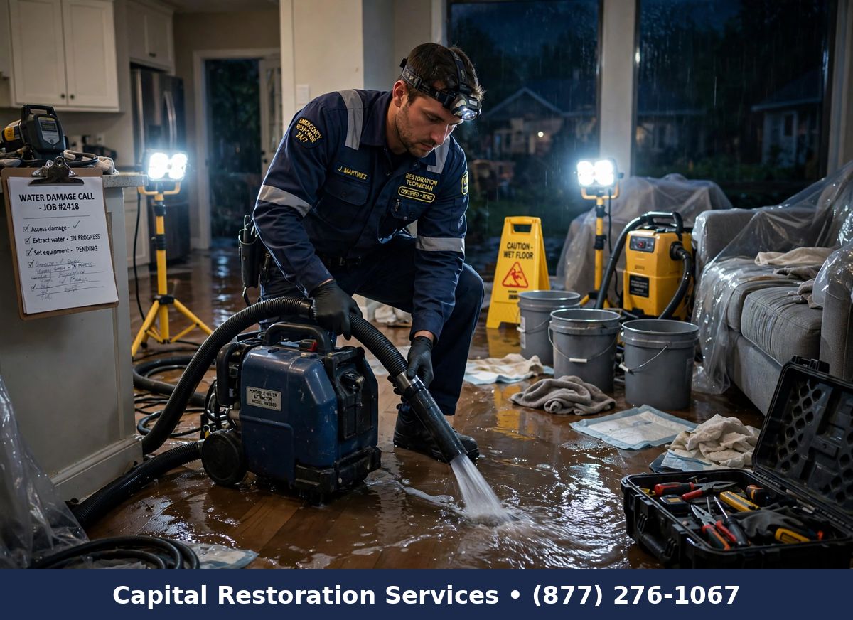 Emergency water damage response technician with extraction equipment | 24/7 emergency water damage response