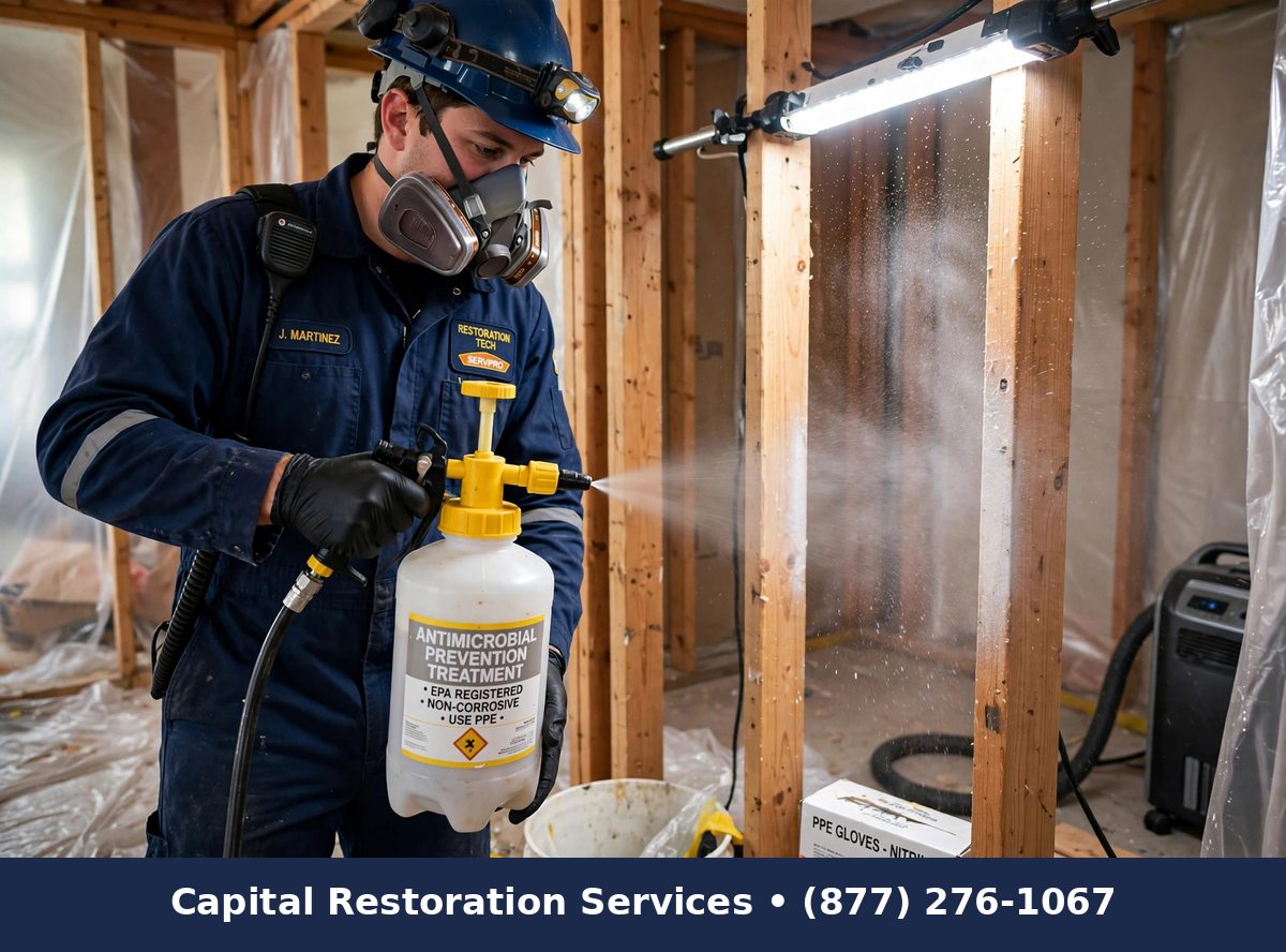 Antimicrobial mold prevention treatment applied to wood framing, Capital Restoration Services