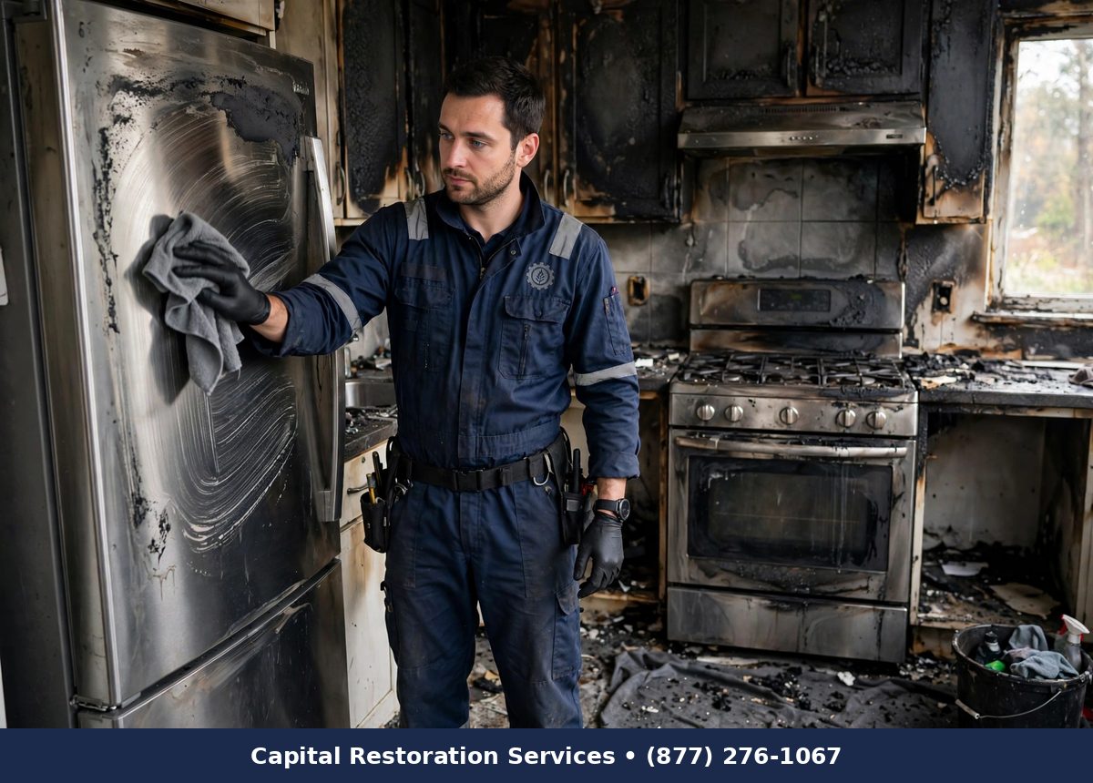 Technician cleaning soot from kitchen appliances after a fire - Capital Restoration Services fire damage restoration
