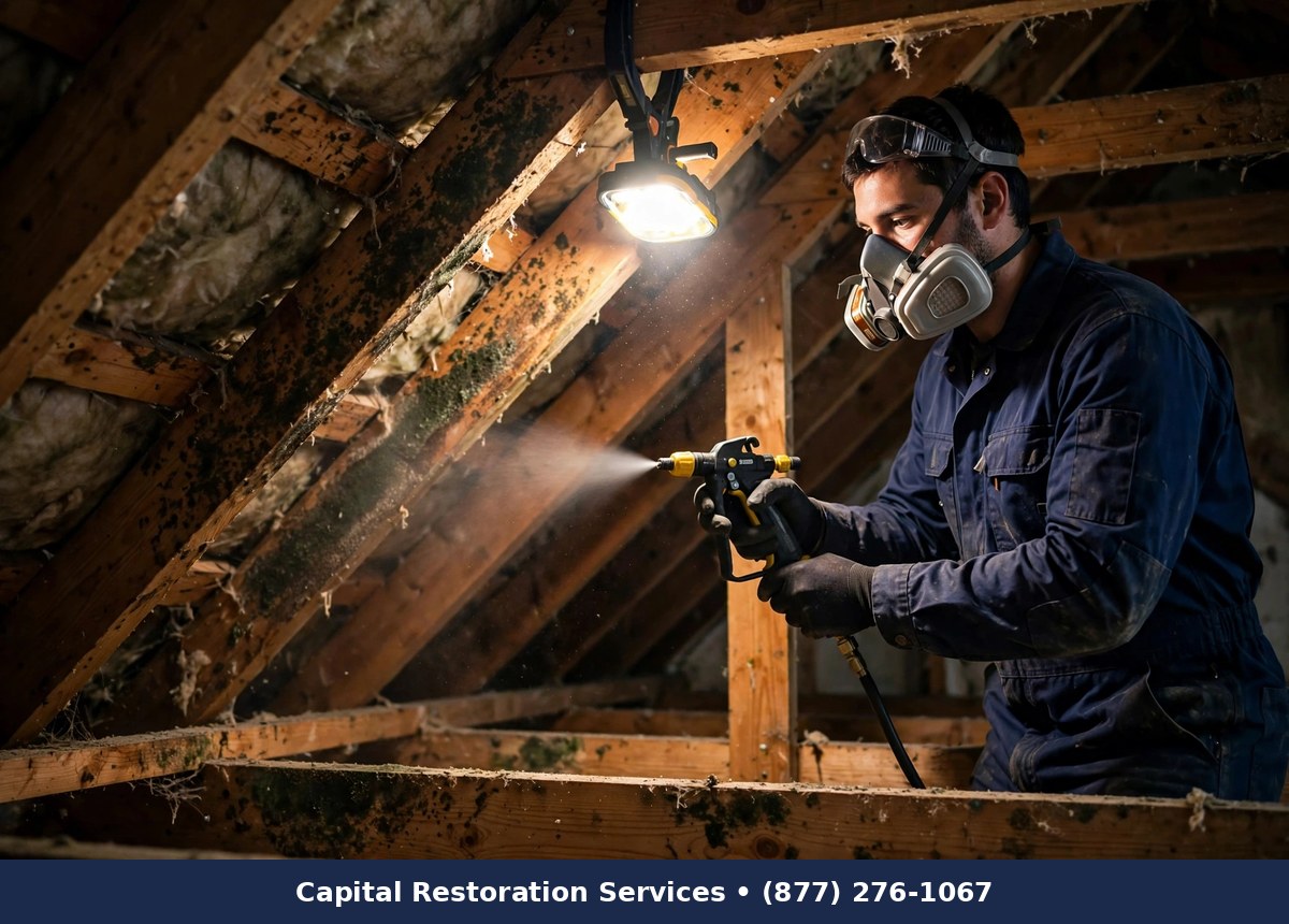 Technician treating mold on attic rafters with a professional sprayer - Capital Restoration Services mold remediation