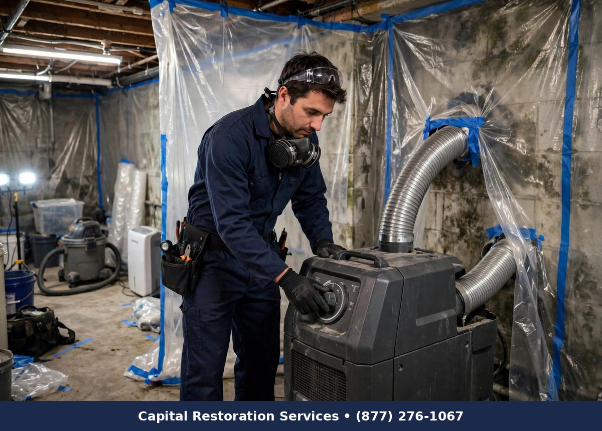 Technician operating a HEPA air scrubber during basement mold remediation - Capital Restoration Services mold remediation