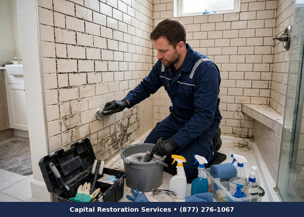 Technician scrubbing mold from bathroom tile and shower grout - Capital Restoration Services mold remediation