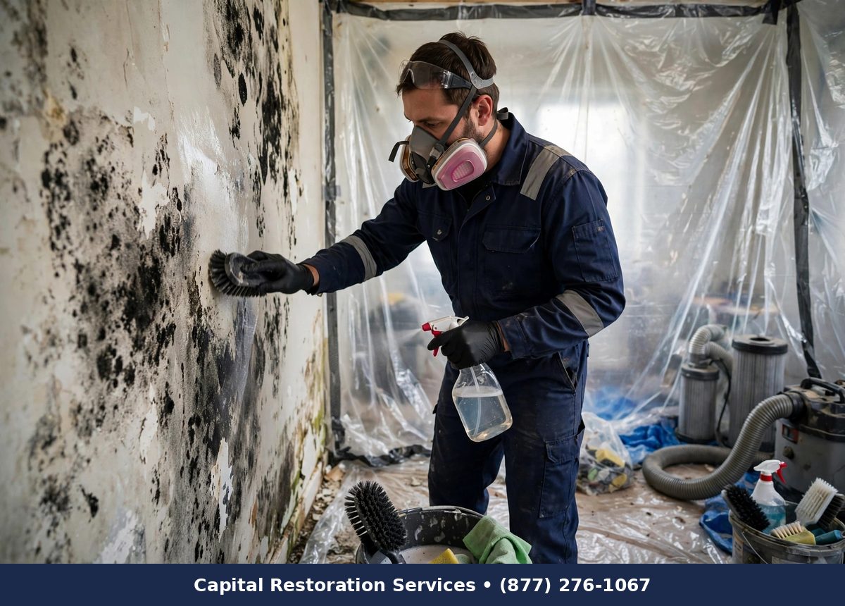 Technician in protective gear removing black mold from a wall - Capital Restoration Services mold remediation