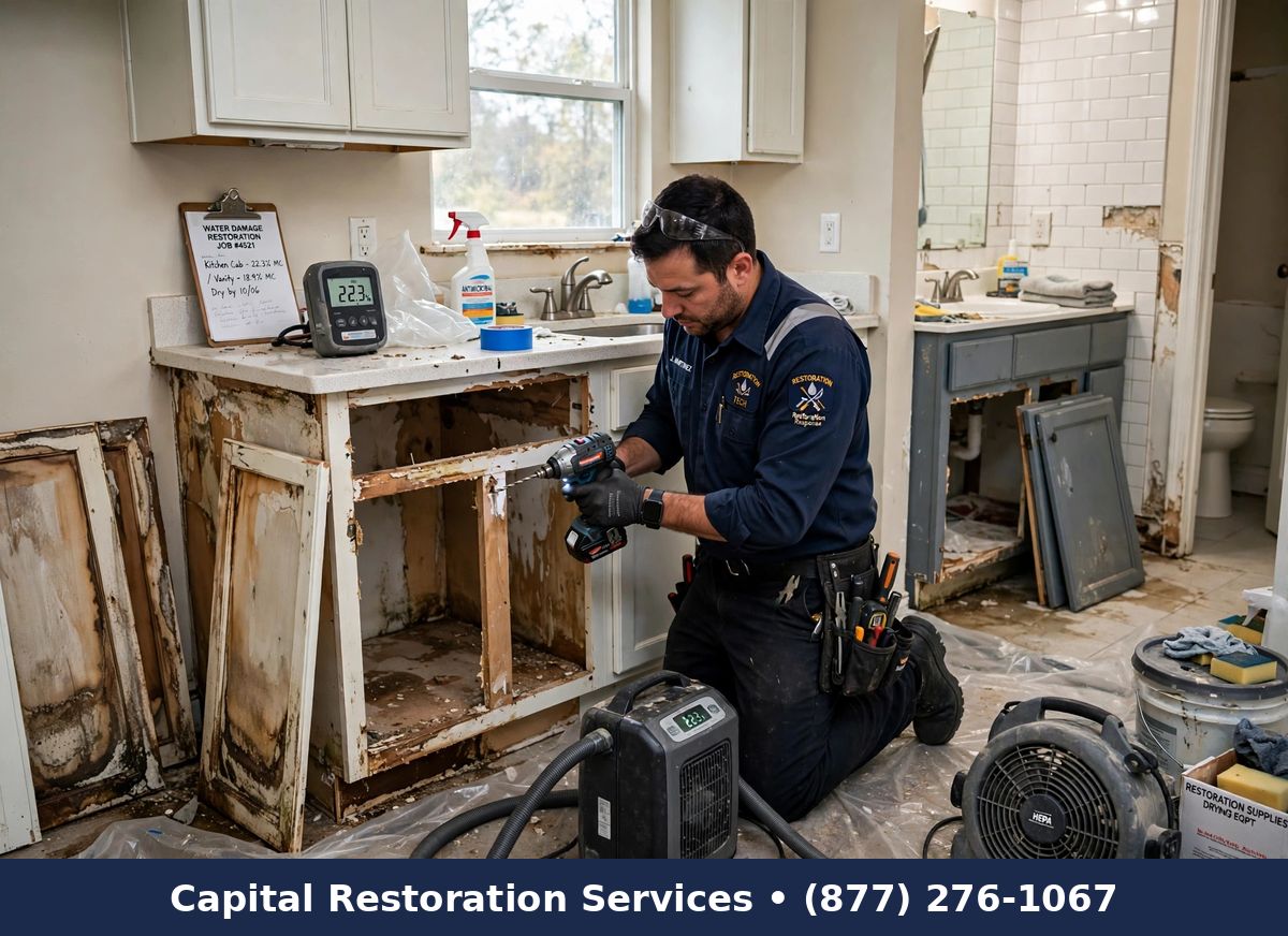 Technician restoring water-damaged cabinets and vanity | cabinet water damage repair