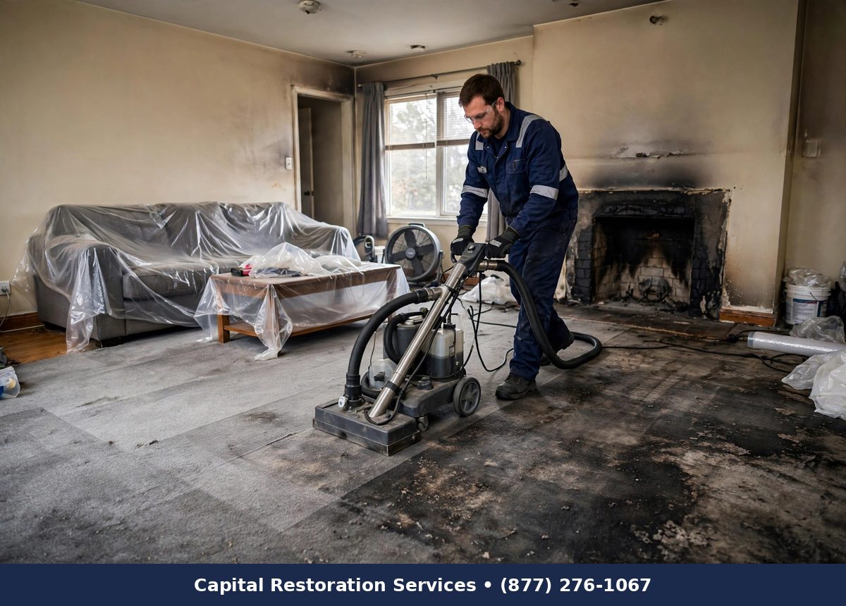 Technician deep-cleaning smoke-damaged carpet with extraction equipment - Capital Restoration Services fire damage restoration