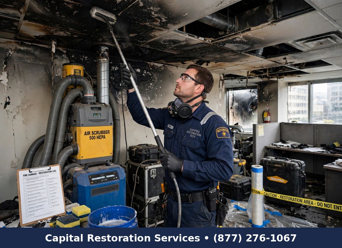 Technician restoring fire damage in commercial space | commercial fire damage restoration