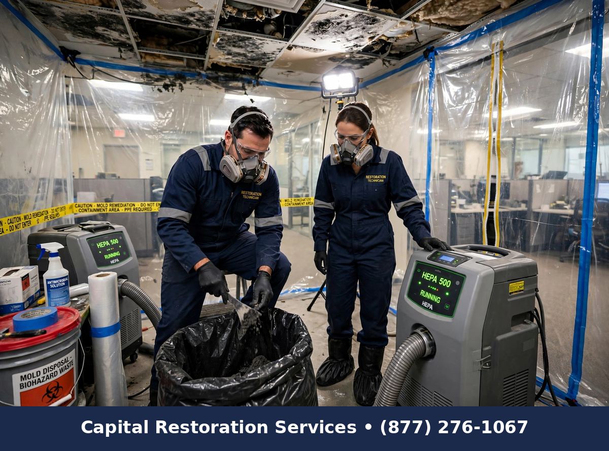 Commercial mold remediation crew with containment barriers, Capital Restoration Services