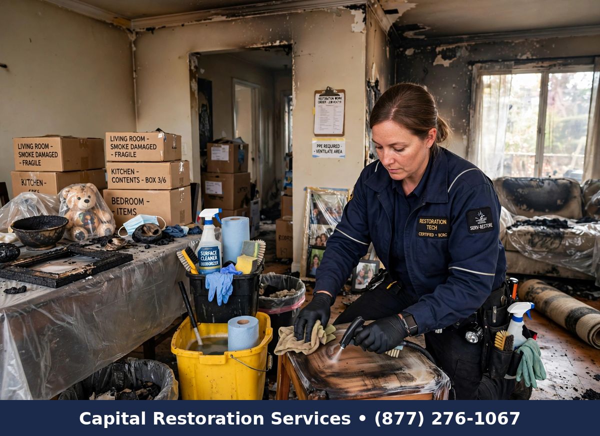 Technician cleaning smoke-damaged belongings after fire | content cleaning after fire