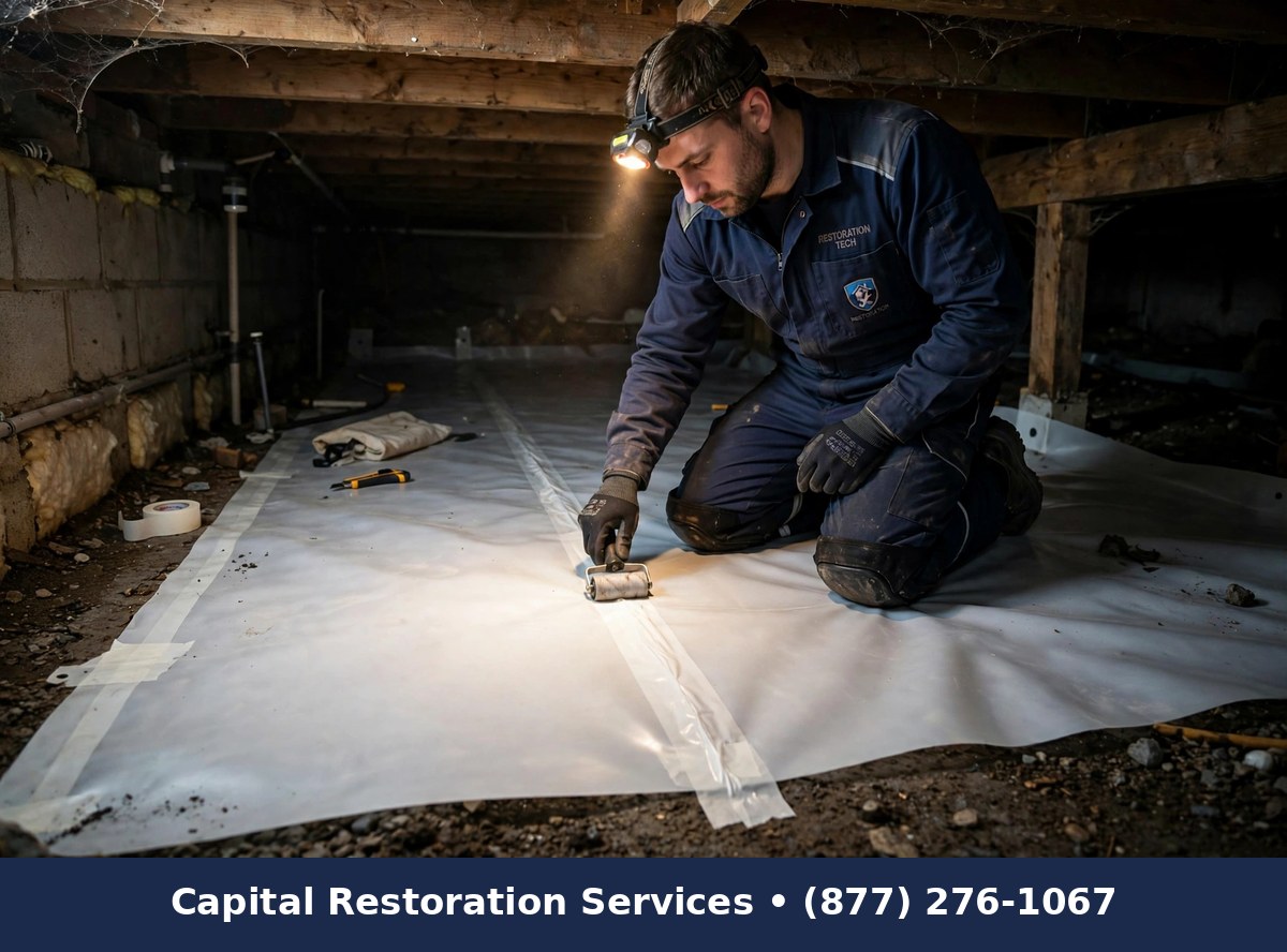 Crawl space encapsulation for mold prevention vapor barrier install, Capital Restoration Services