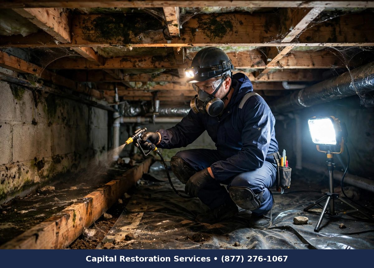 Technician in protective gear treating mold in a residential crawl space - Capital Restoration Services mold remediation