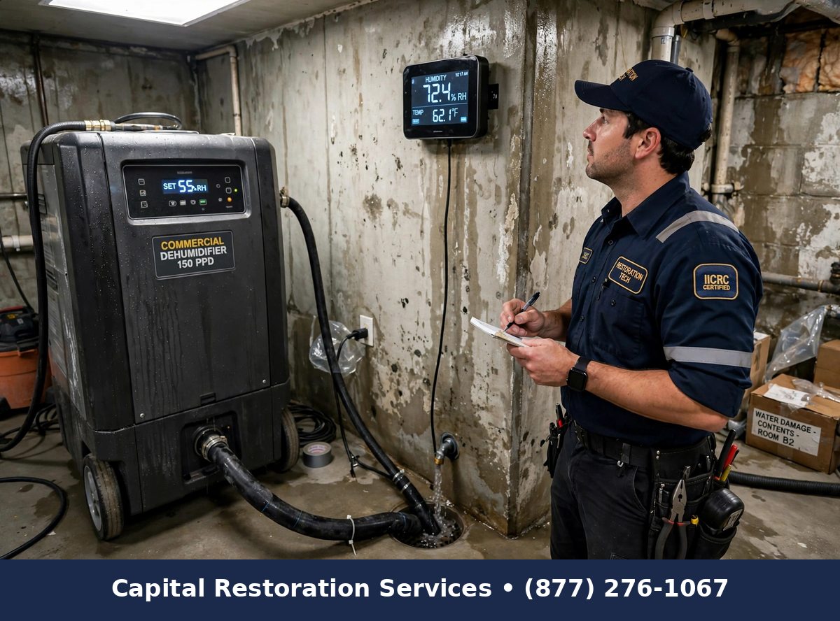 Dehumidification for mold control with commercial dehumidifier, Capital Restoration Services