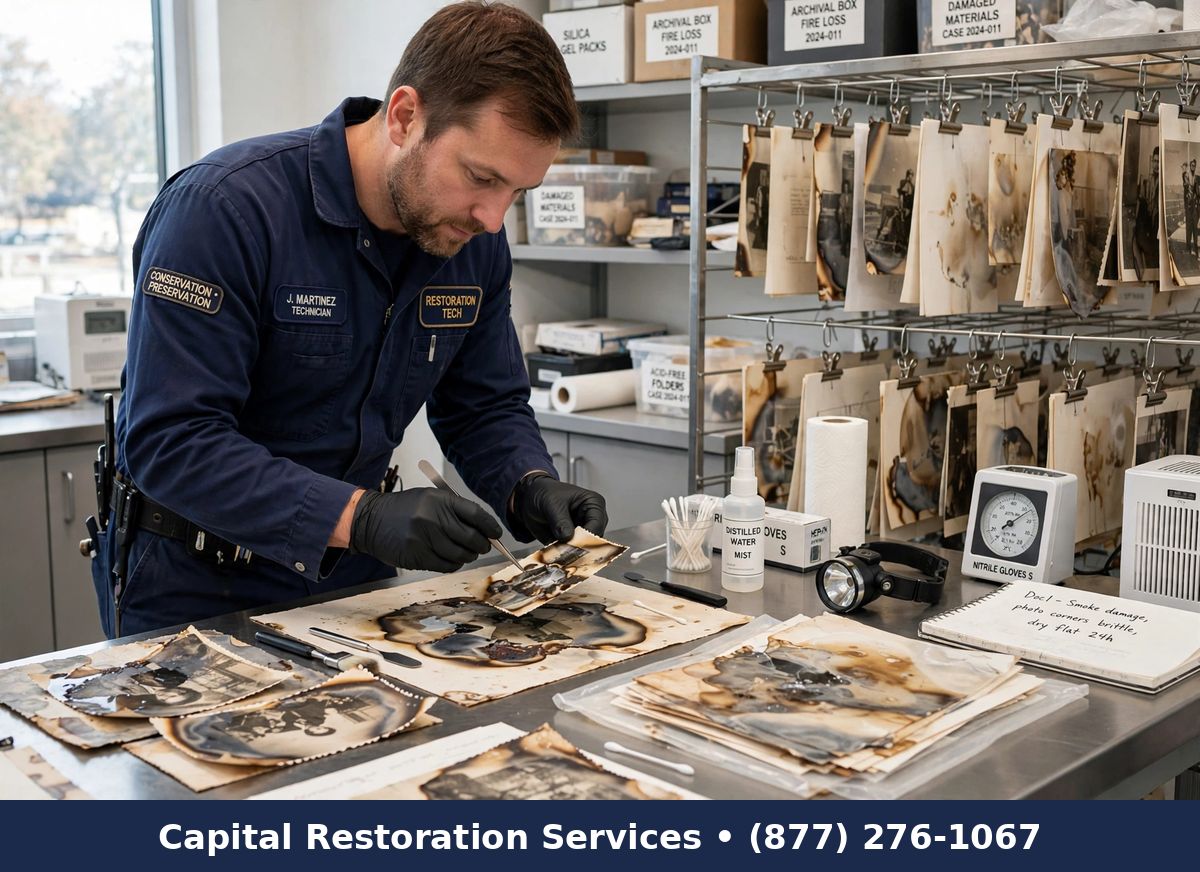 Technician restoring smoke-damaged documents and photos | document and photo restoration after fire