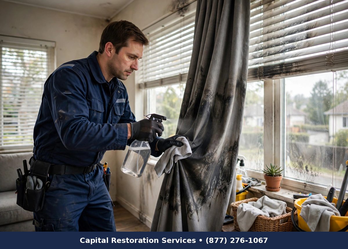 Technician cleaning smoke-stained drapes and blinds - Capital Restoration Services fire damage restoration