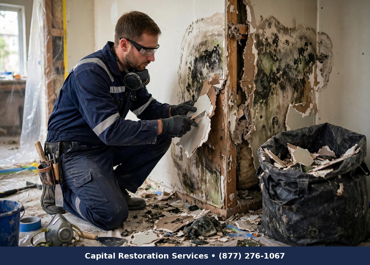 Technician removing mold-damaged drywall from an interior wall - Capital Restoration Services mold remediation