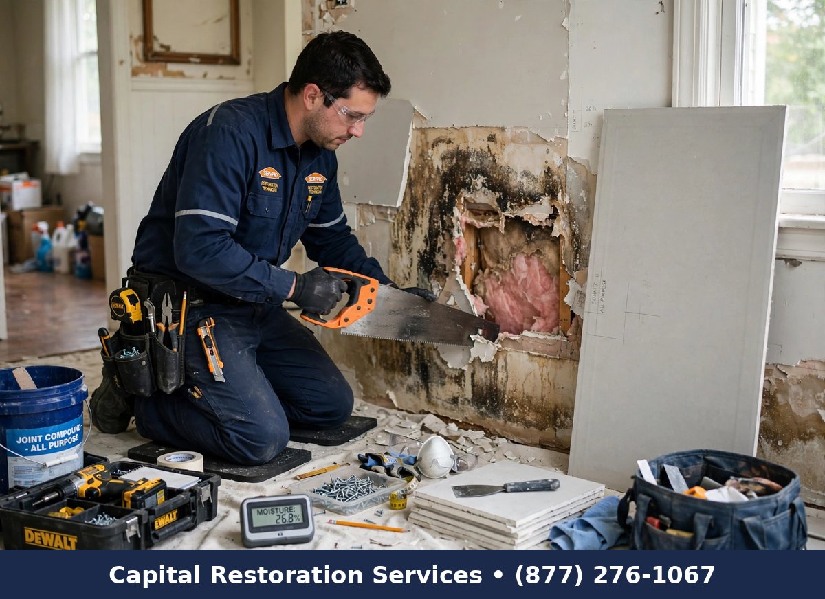 Technician replacing water-damaged drywall | drywall water damage repair