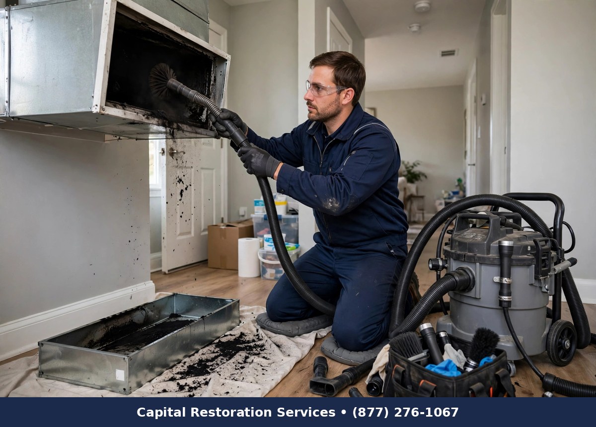 Technician cleaning soot from an HVAC duct vent - Capital Restoration Services fire damage restoration