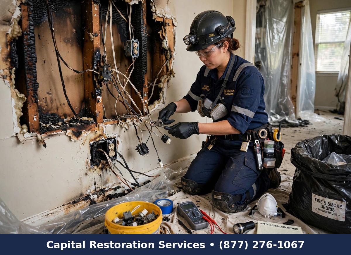 Technician repairing fire-damaged electrical wiring | electrical fire damage repair