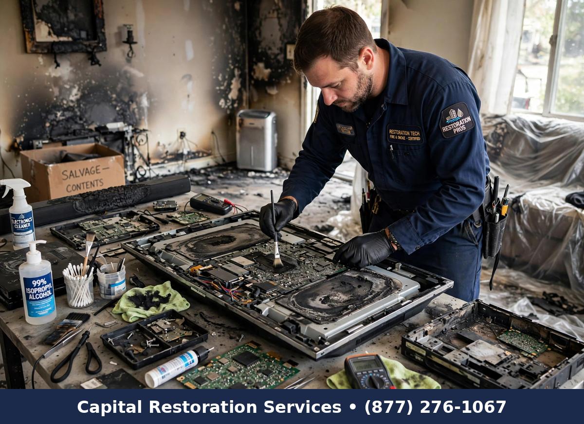 Technician restoring smoke-damaged electronics | electronics smoke damage restoration