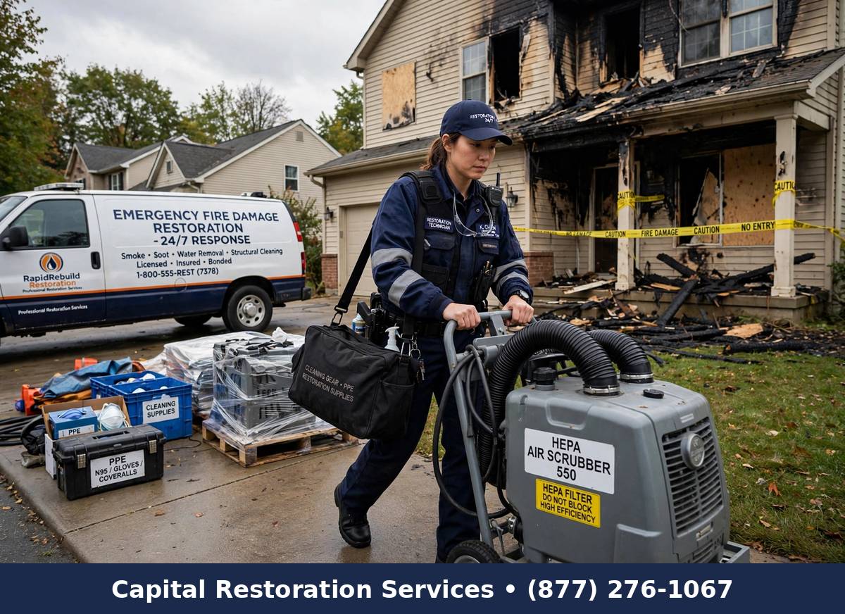 Emergency fire damage restoration technician with air scrubber | emergency fire damage restoration