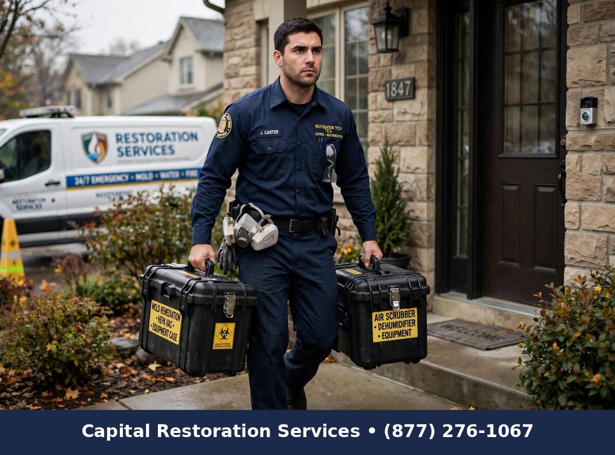 Emergency mold remediation technician arriving at home, Capital Restoration Services
