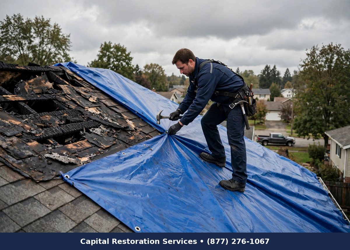 Technician securing an emergency tarp over a fire-damaged roof - Capital Restoration Services fire damage restoration