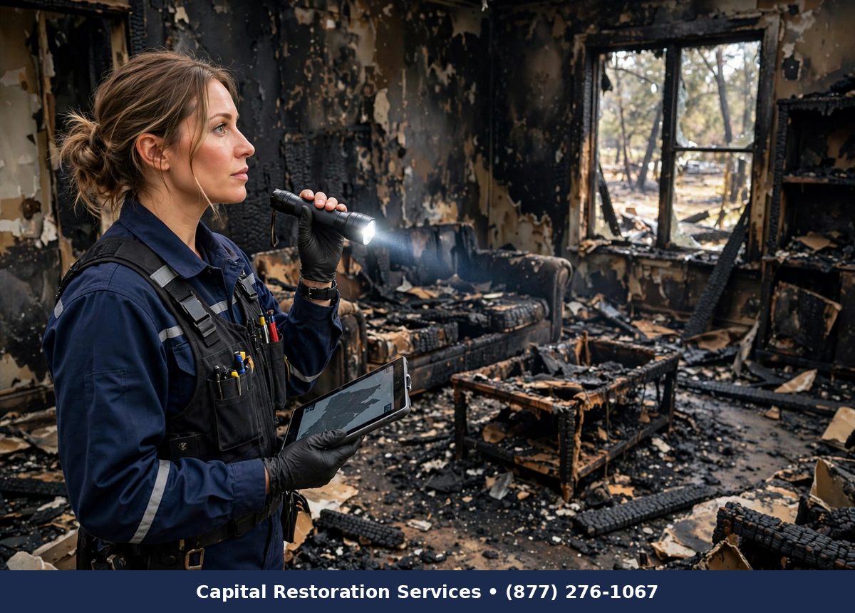 Technician inspecting fire damage in a home with a digital tablet - Capital Restoration Services fire damage restoration