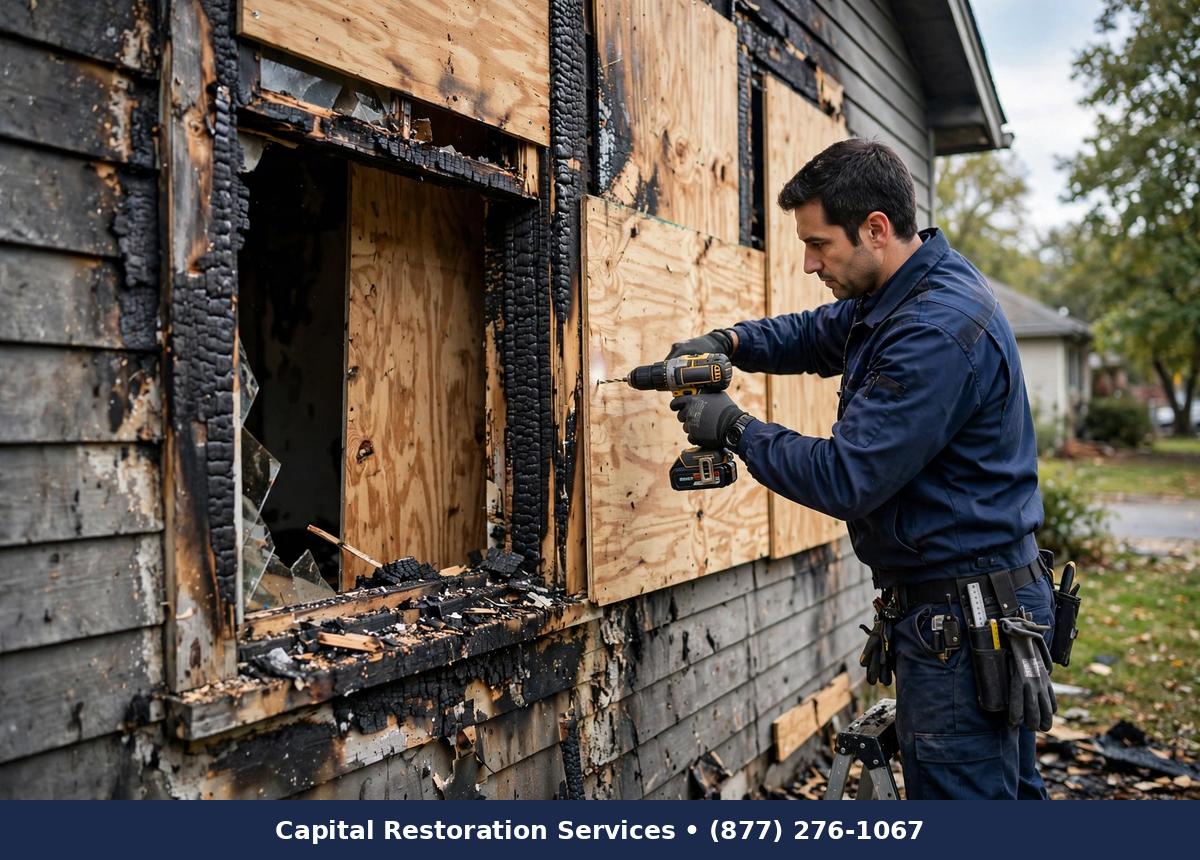 Technician boarding up a fire-damaged window with plywood - Capital Restoration Services fire damage restoration