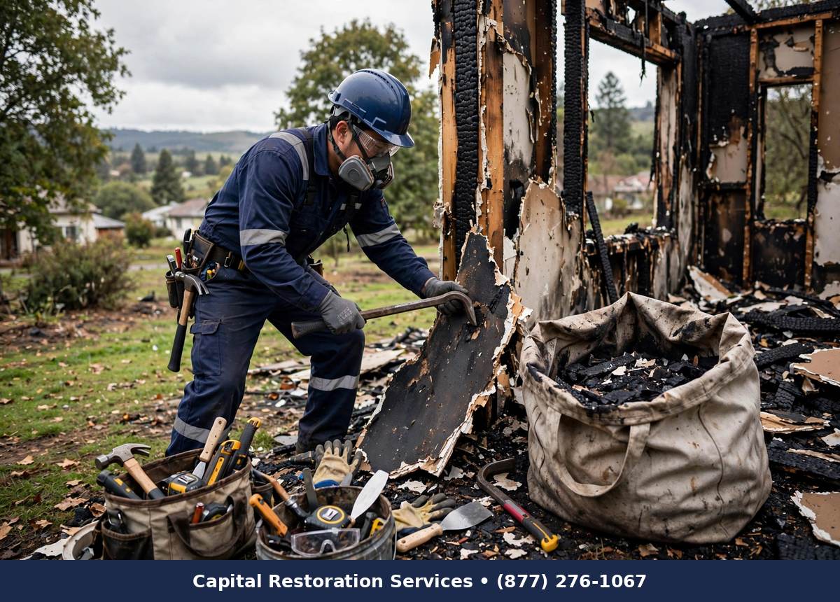 Technician removing charred drywall during controlled demolition - Capital Restoration Services fire damage restoration