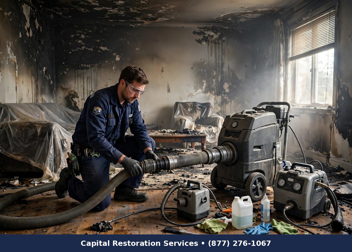 Technician setting up air scrubber and deodorizing equipment - Capital Restoration Services fire damage restoration