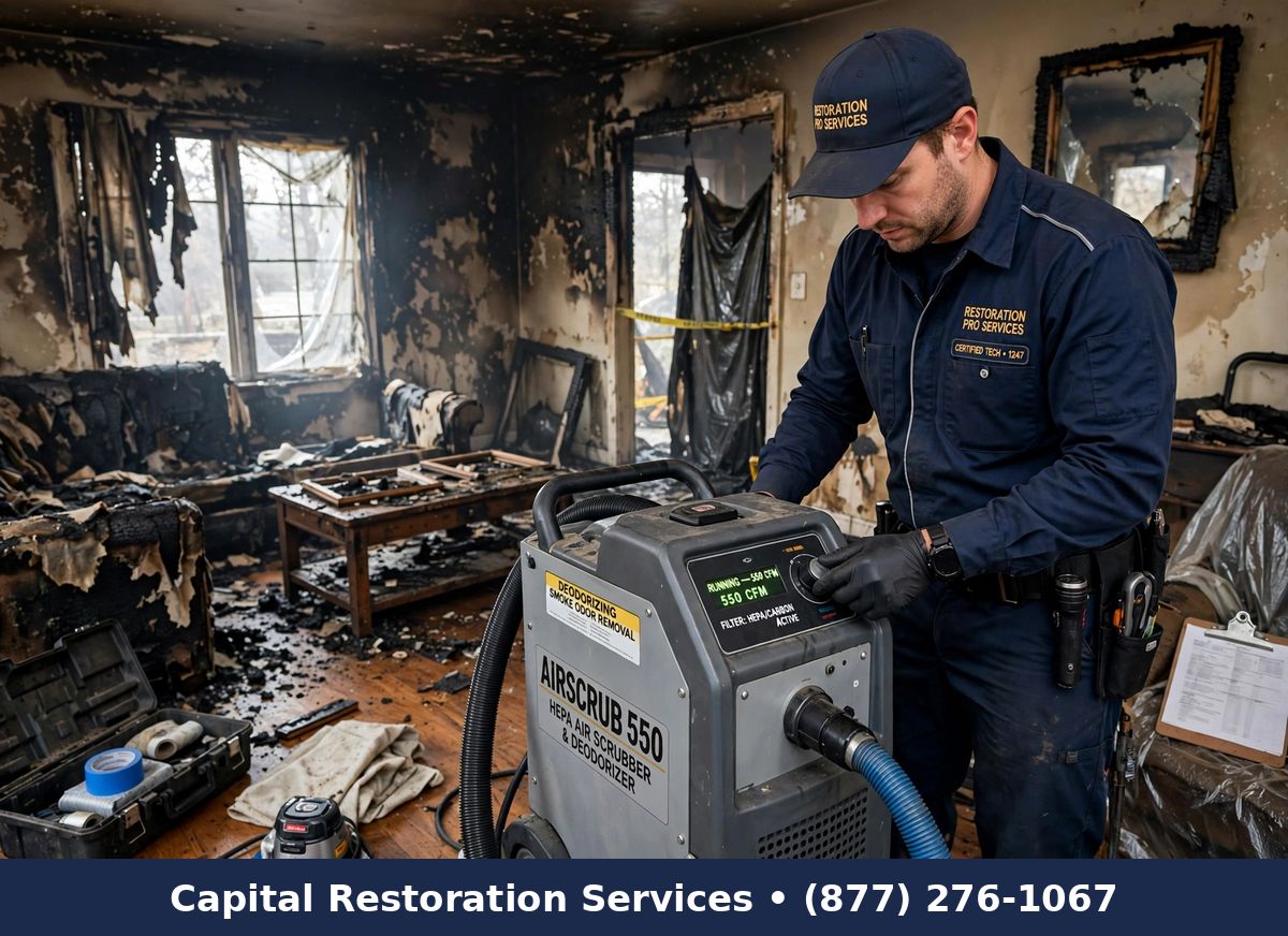 Technician running air scrubber for fire odor removal | fire odor removal