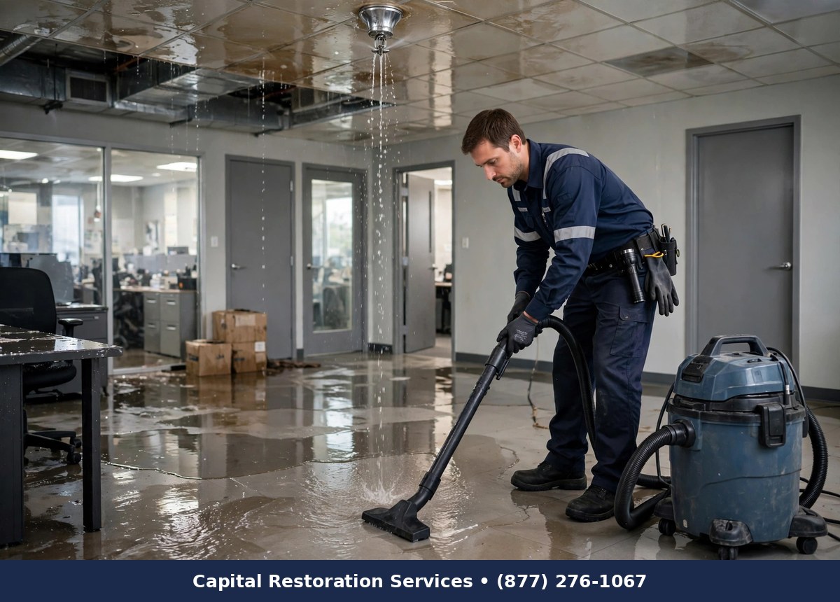 Technician extracting water after fire sprinklers activated - Capital Restoration Services fire damage restoration