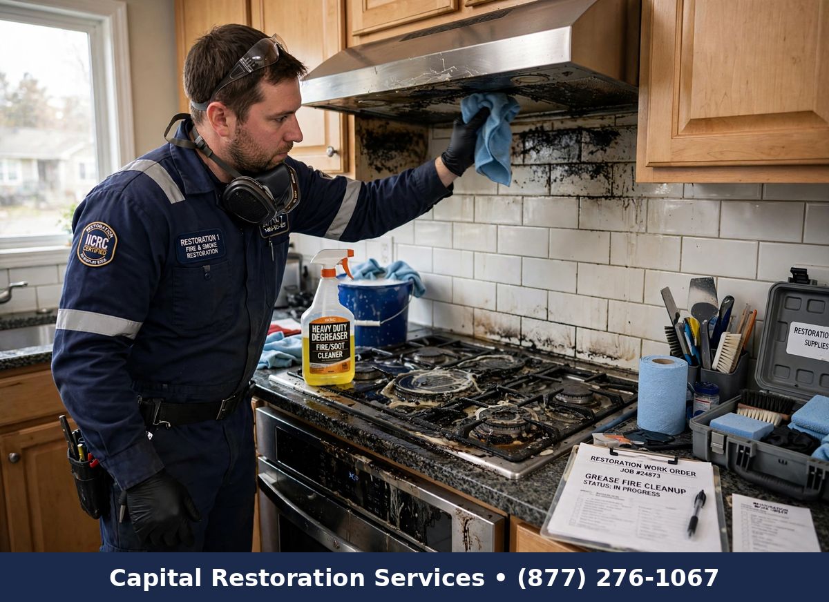 Technician cleaning grease fire residue in kitchen | grease fire damage cleanup