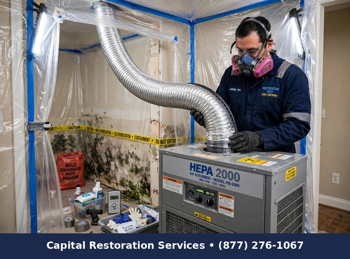 HEPA air scrubbing for mold spores with air scrubber unit, Capital Restoration Services