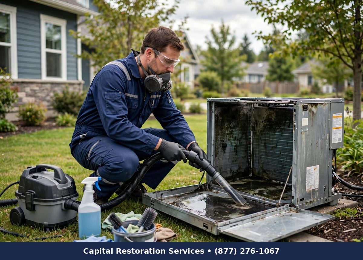 Technician cleaning mold from a residential HVAC air handler - Capital Restoration Services mold remediation