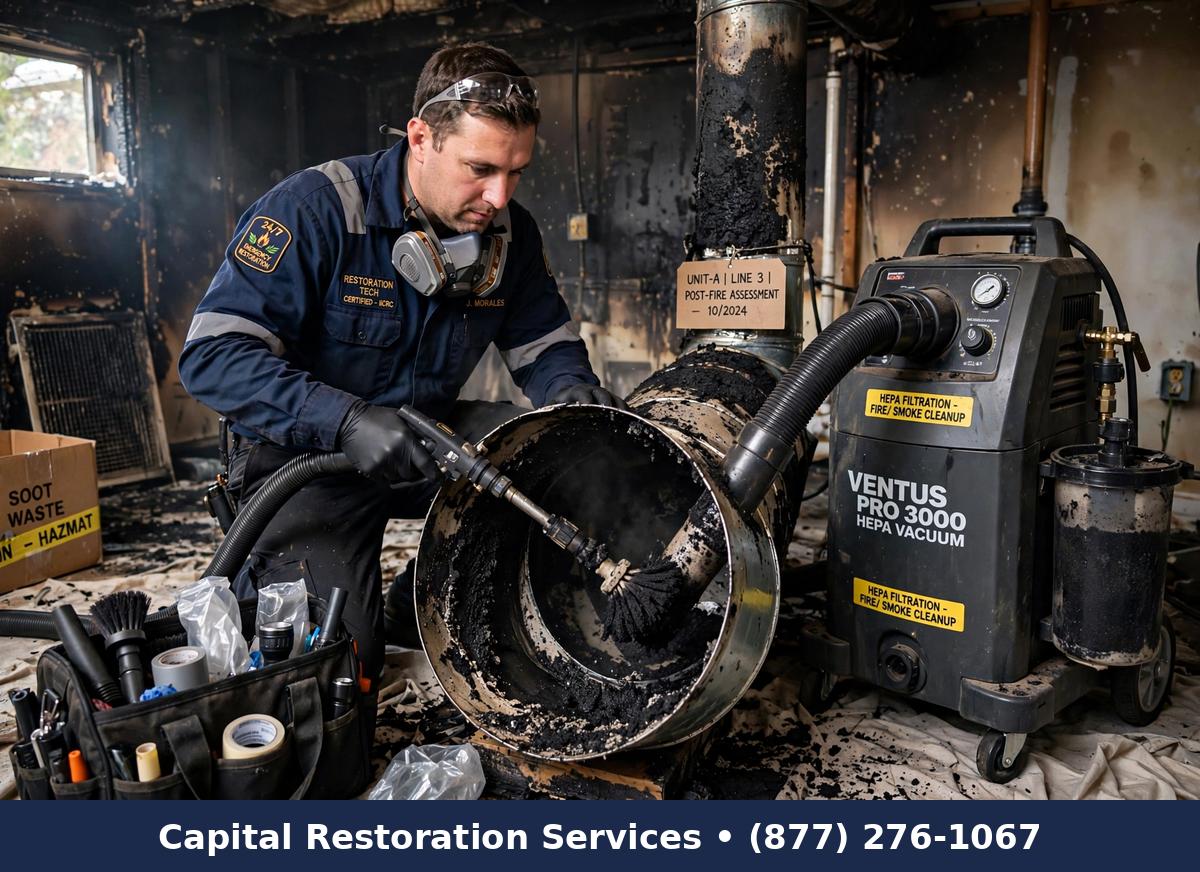 Technician cleaning smoke-contaminated HVAC ducts | HVAC smoke and soot cleaning