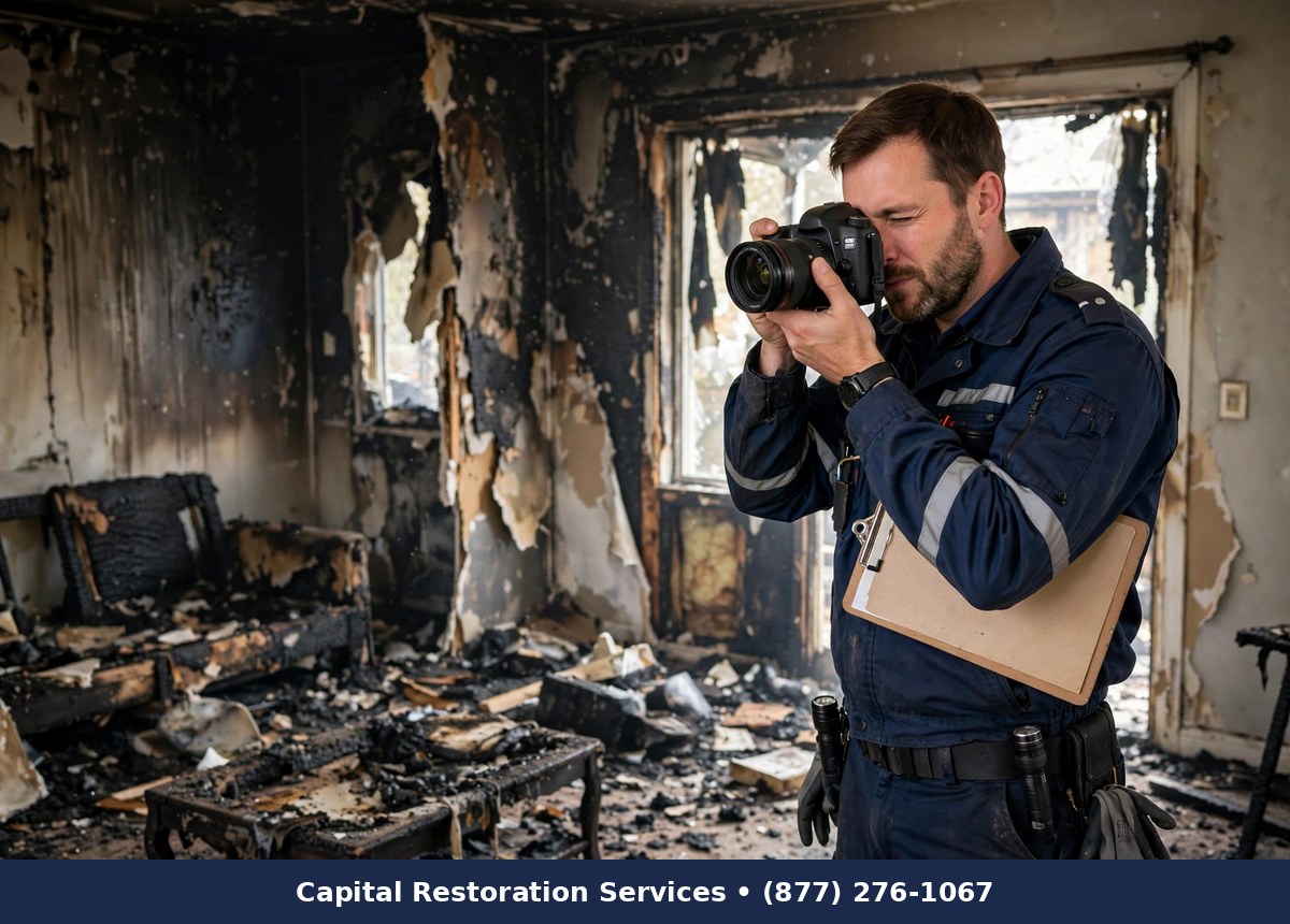 Technician documenting fire damage with a camera for the claim - Capital Restoration Services fire damage restoration