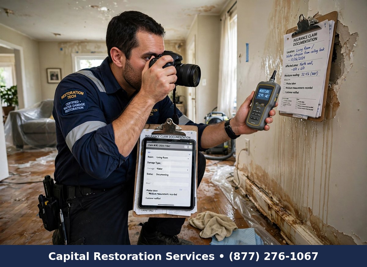 Technician documenting water damage for insurance claim | water damage insurance claim assistance