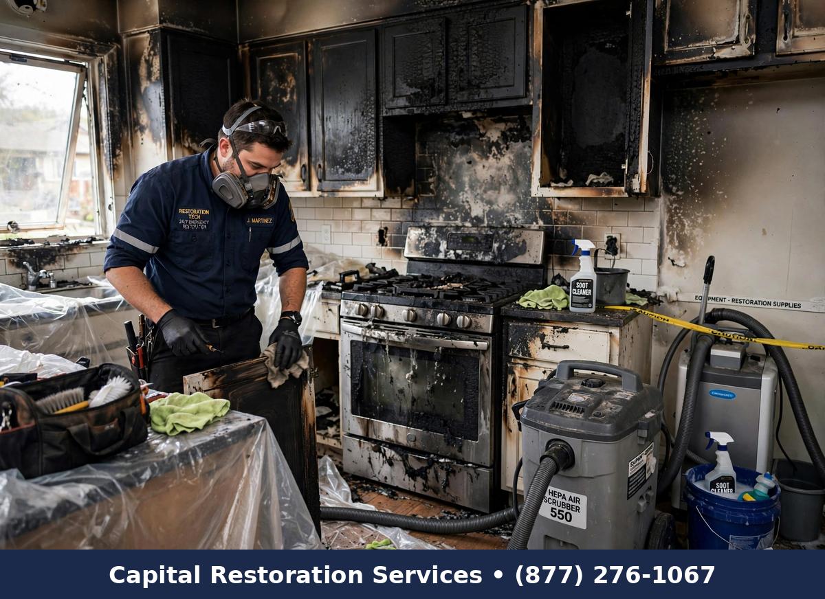 Technician restoring fire-damaged kitchen | kitchen fire damage restoration