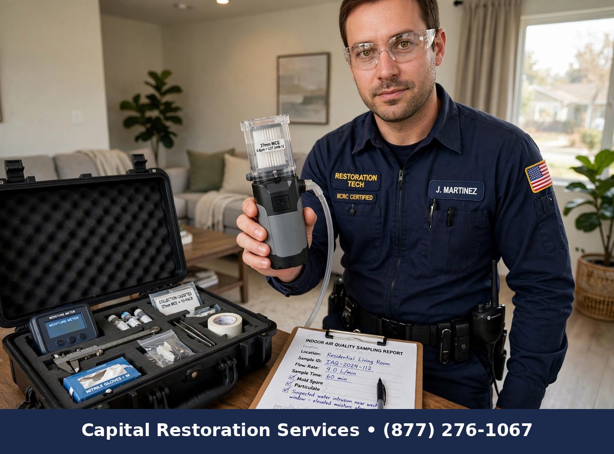 Technician conducting mold air quality testing in a home, Capital Restoration Services