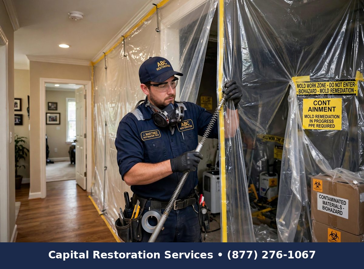 Mold containment setup with plastic barrier in hallway, Capital Restoration Services