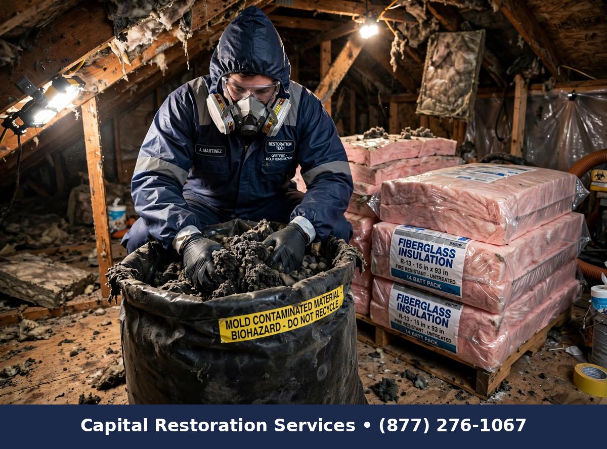 Mold-damaged insulation removal and replacement in attic, Capital Restoration Services