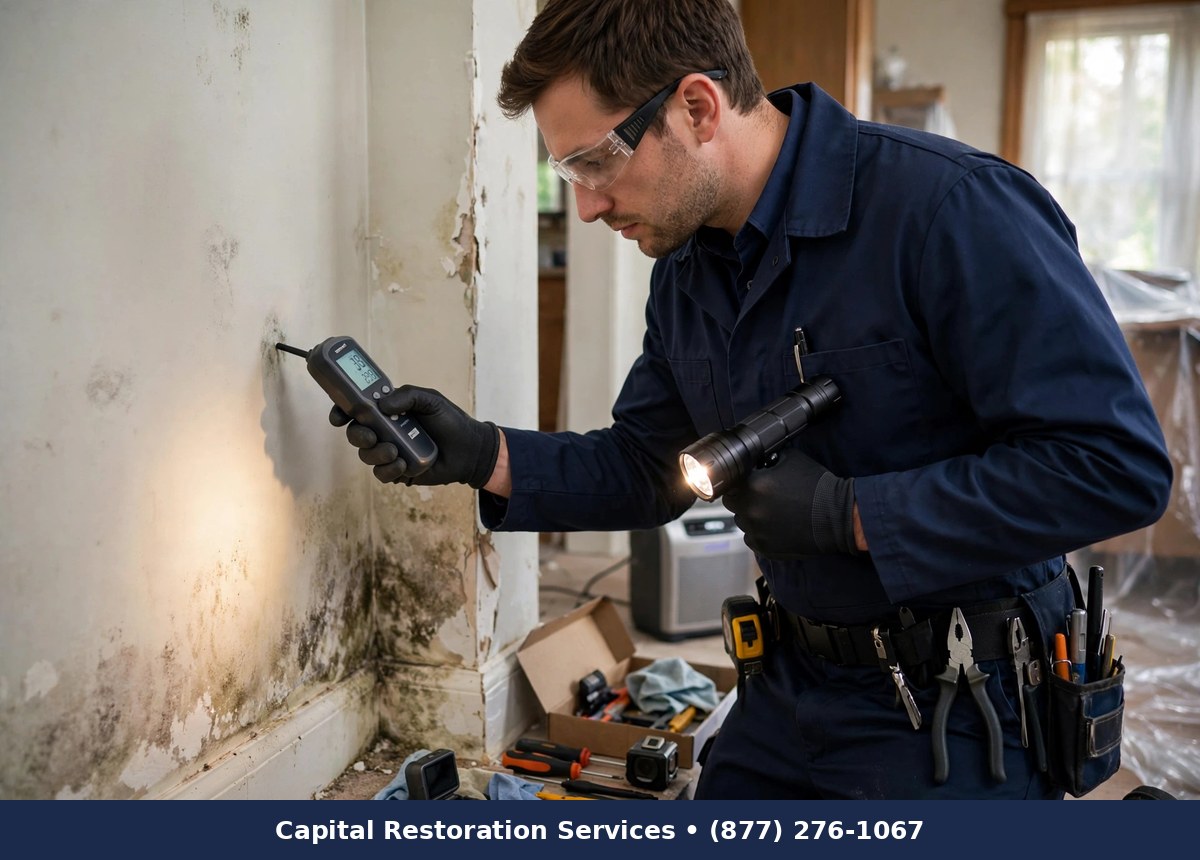 Technician inspecting a wall for mold with a moisture meter - Capital Restoration Services mold remediation