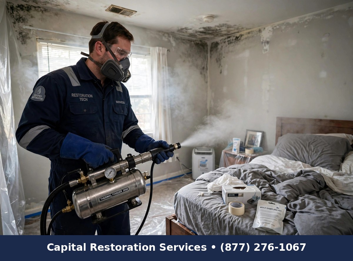 Technician performing mold odor removal with thermal fogger, Capital Restoration Services