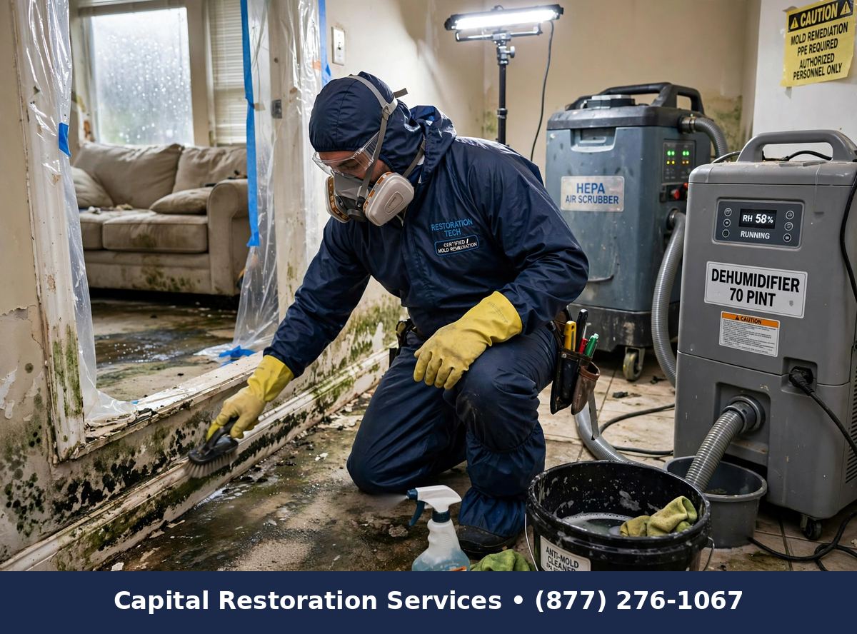Technician cleaning mold after flooding with HEPA air scrubber, Capital Restoration Services