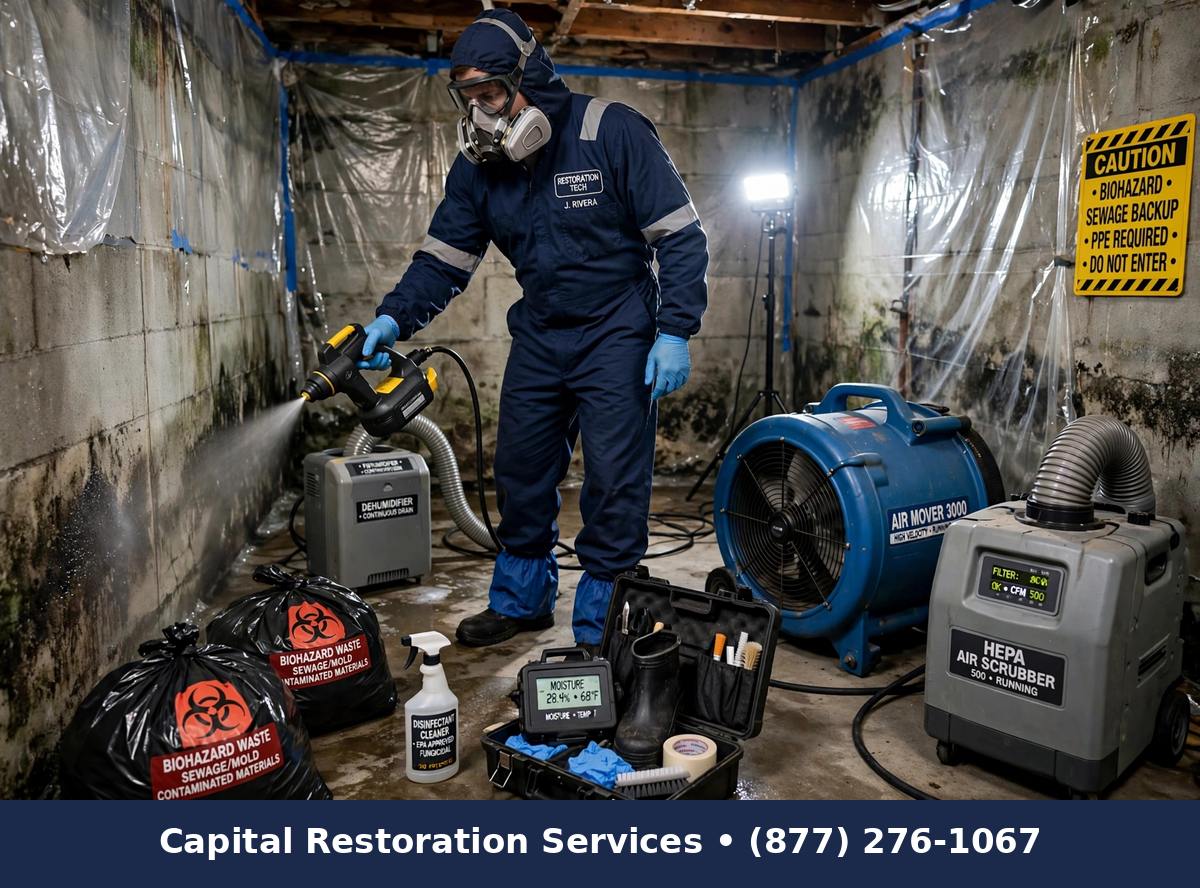 Mold remediation after sewage backup with sanitizing equipment, Capital Restoration Services