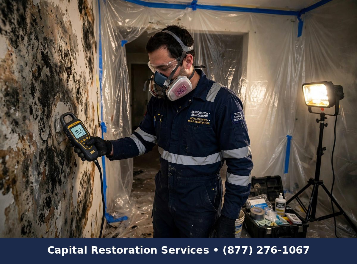 Technician performing mold remediation after water damage on a wall, Capital Restoration Services