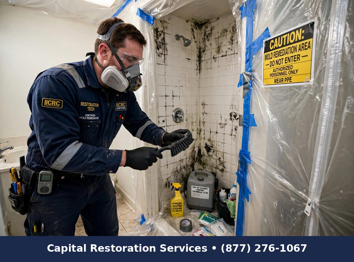 Mold remediation in a rental property bathroom, Capital Restoration Services