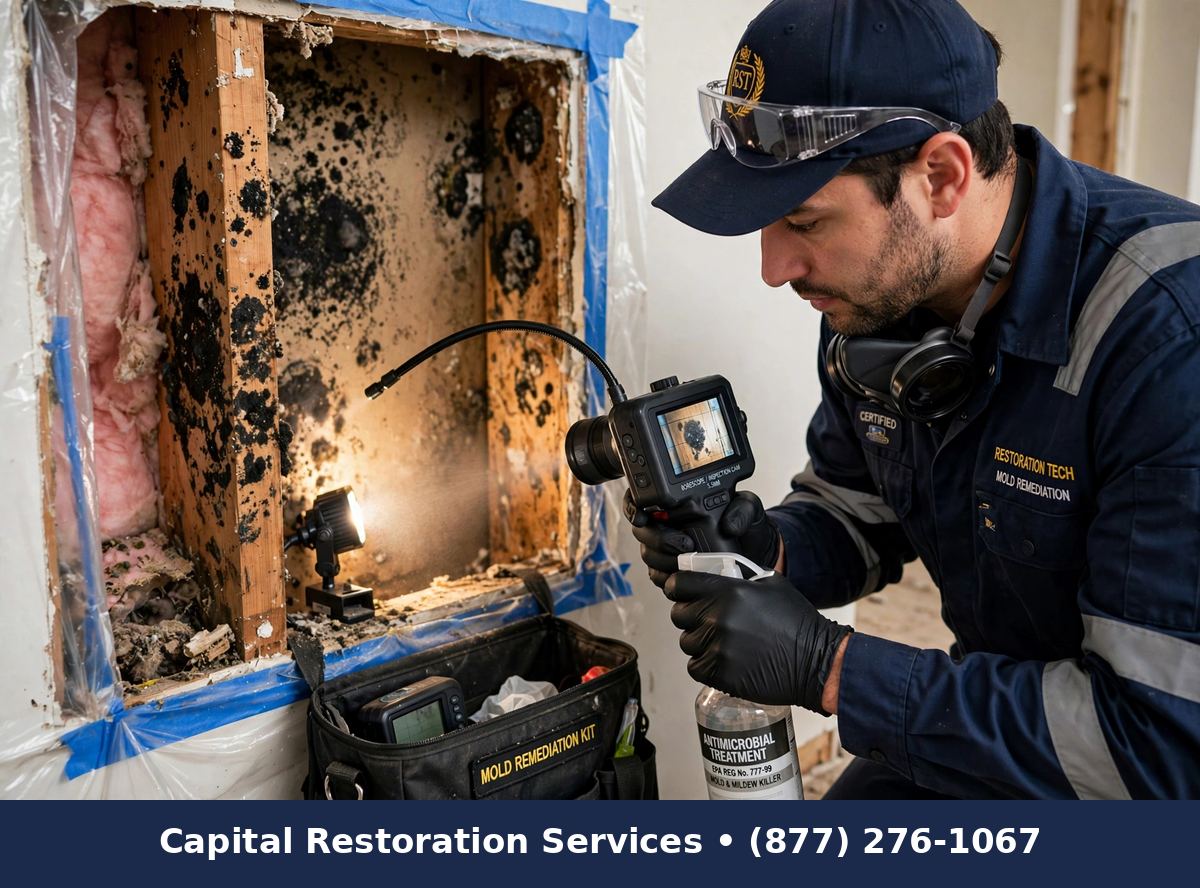 Mold remediation inside wall cavities on wooden studs, Capital Restoration Services
