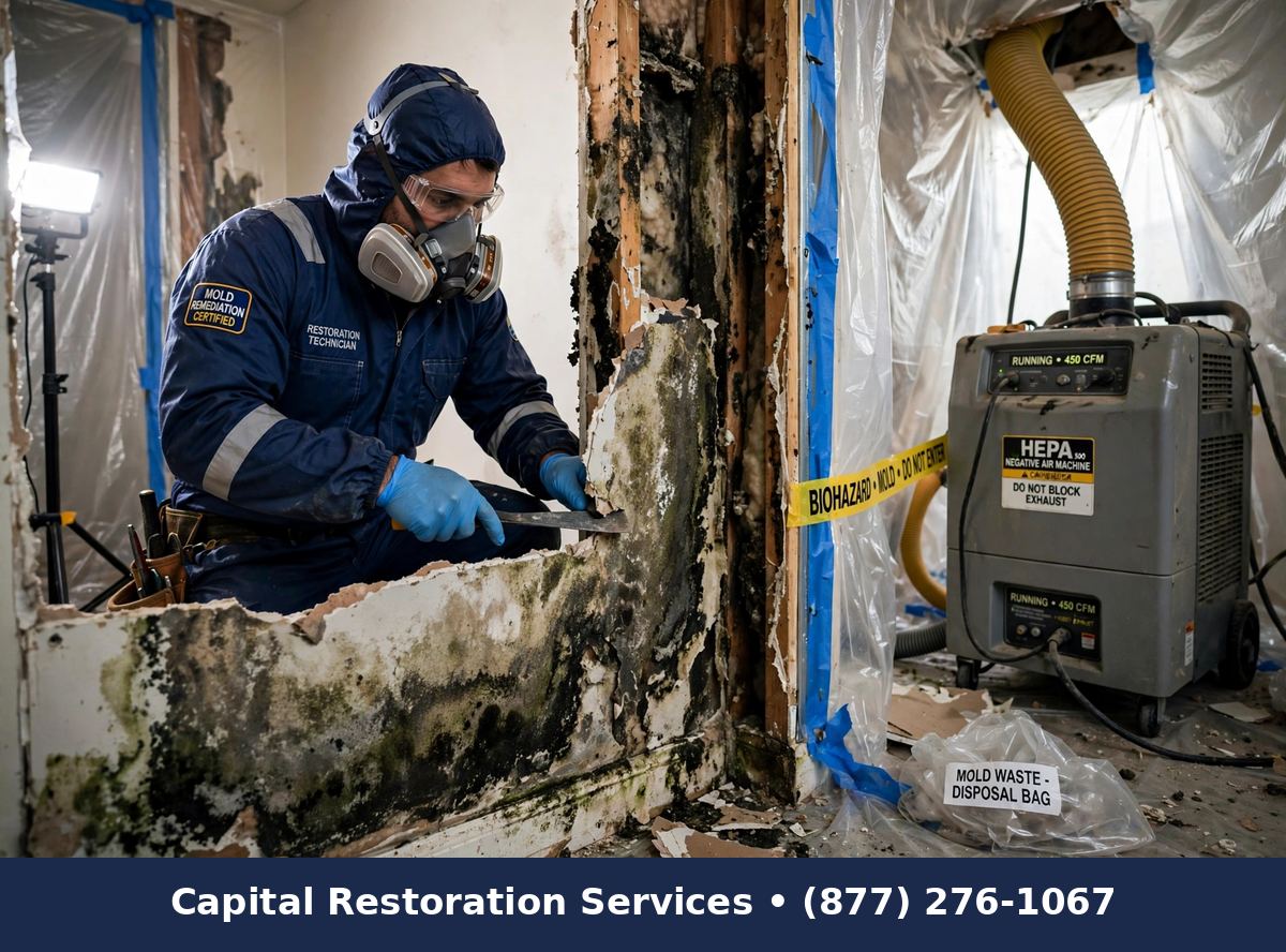 Mold-safe demolition services removing damaged drywall, Capital Restoration Services